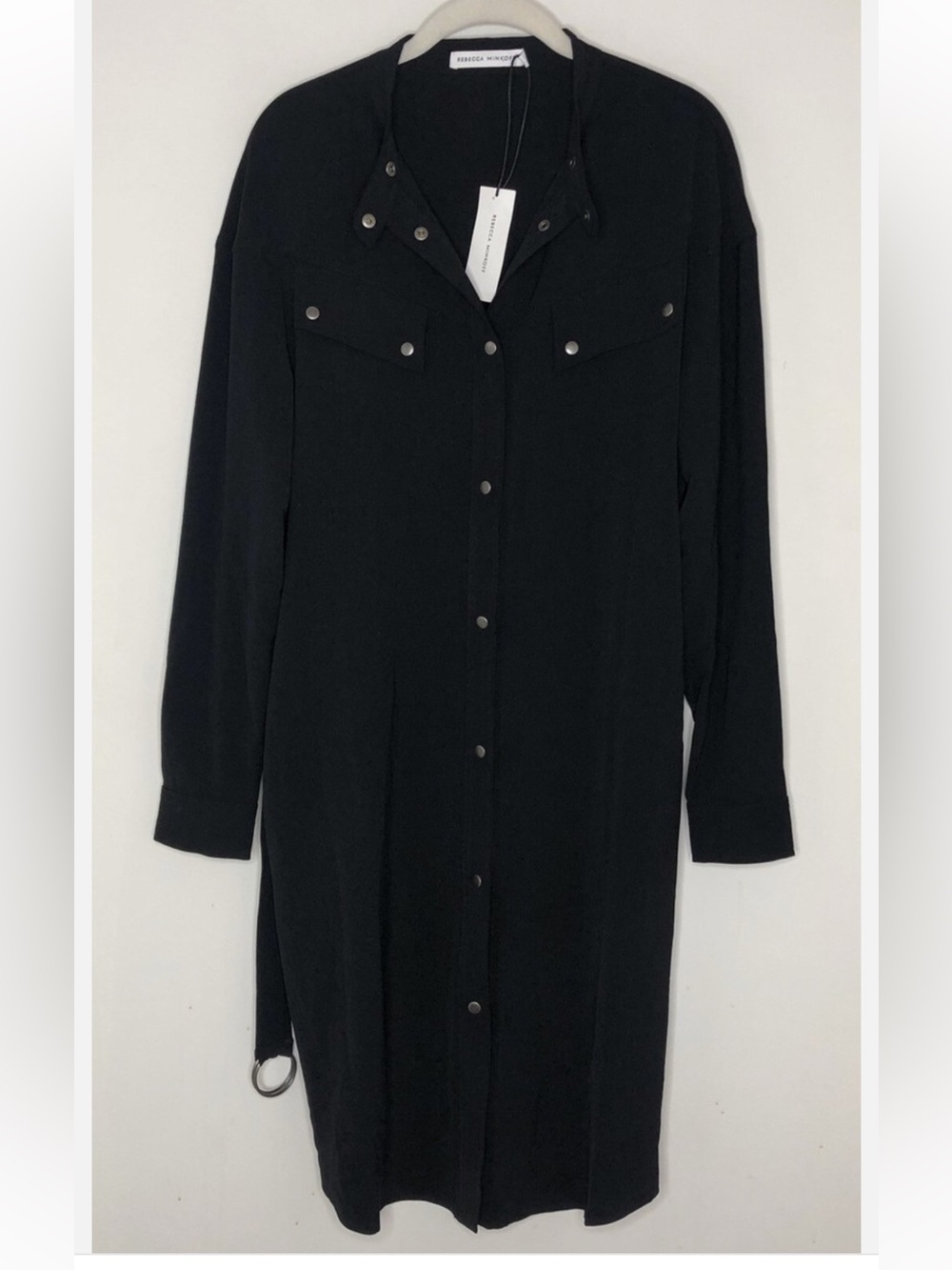 Rebecca Minkoff  Black Long-Sleeve Snap Shirt Dress L